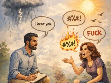 A calm man listens to an angry woman beside a campfire, symbolizing emotional contrast.