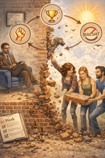 People break through a brick wall to escape a restrictive mindset and embrace freedom.