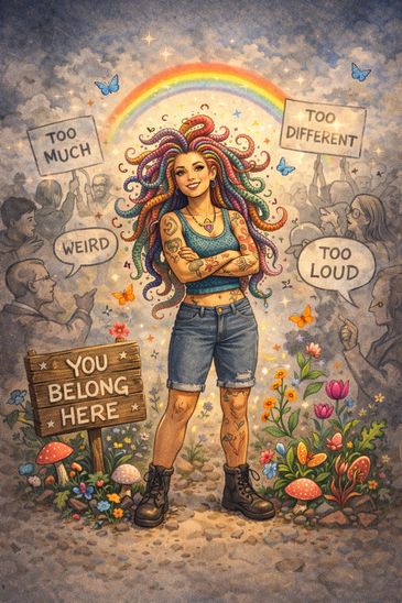 Colorful confident woman stands proudly amid criticism with a sign reading 'You Belong Here'.