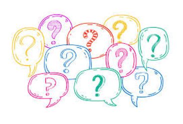 Colorful speech bubbles with question marks inside.