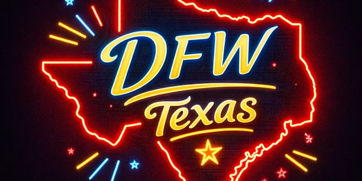 Neon DFW Texas logo with glowing Texas state outline and bright “DFW Texas” lettering on a dark back