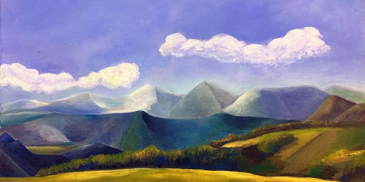 Painting of a serene mountain landscape under a purple sky with fluffy clouds.