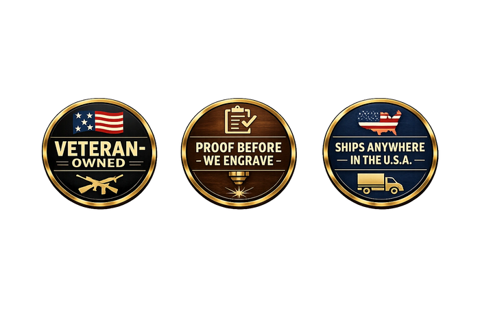 3 badges for veteran owned, proof befoere we engrave, and ships anywhere in the USA.