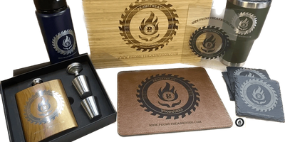 Close-up of engraved accessory package from Promethean Woodworks with logo. 