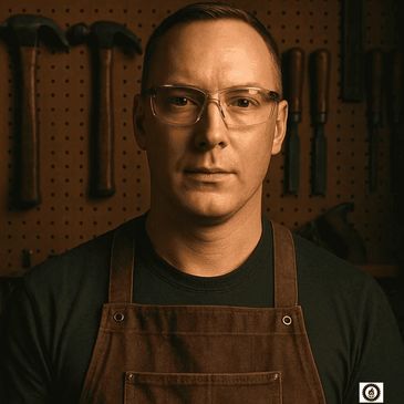 Josh Shively, Promethean Woodworks founder, in shop apron with woodworking tools behind