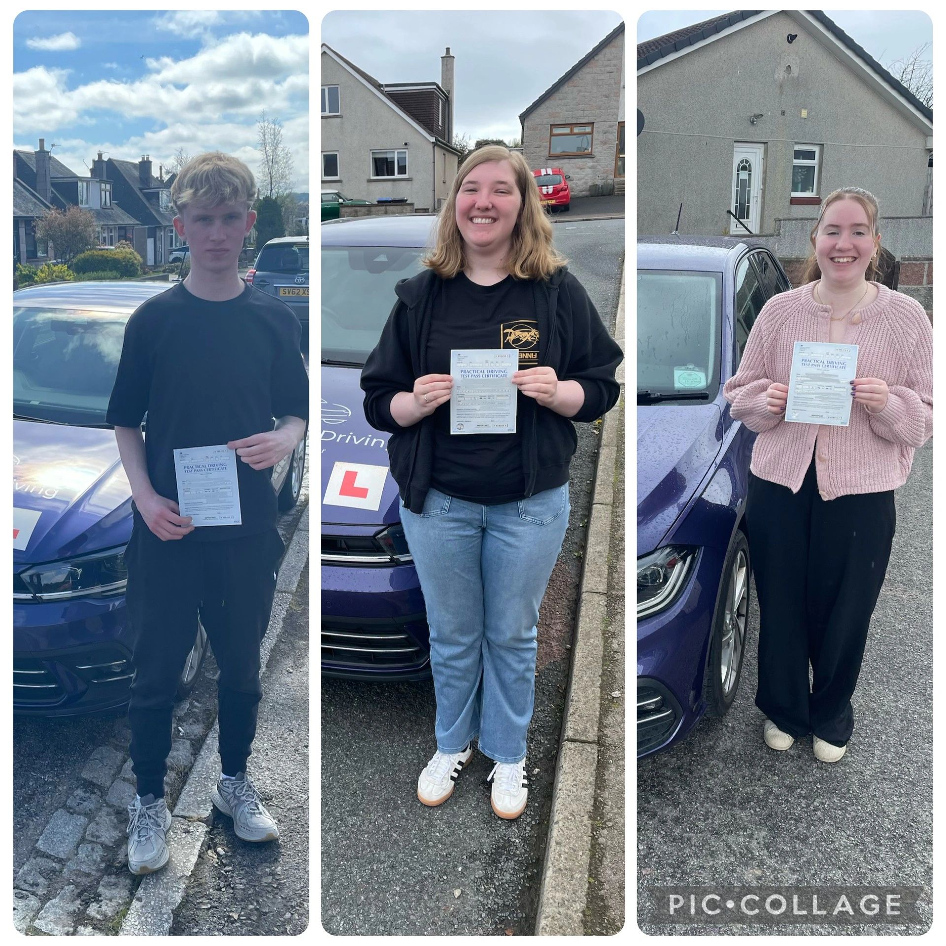 Three people proudly holding their practical driving test pass certificates outdoors.
