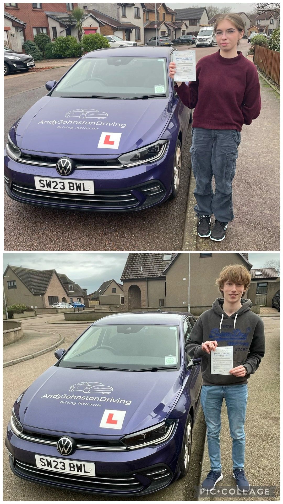 Two young individuals proudly hold their driving test pass certificates beside a driving school car.