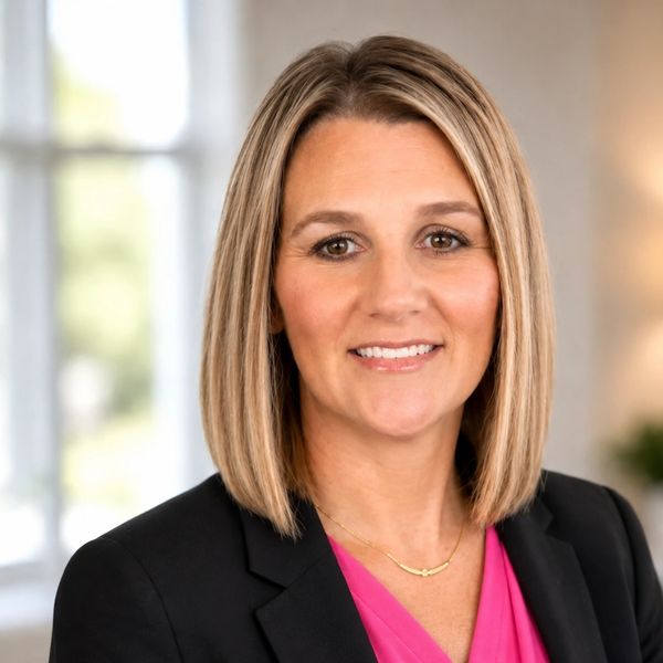 Professional woman with blonde hair, wearing a black blazer and pink top.