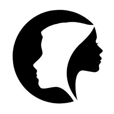 Silhouette of two female profiles in black & white with a spotlight shining as to create a backdrop