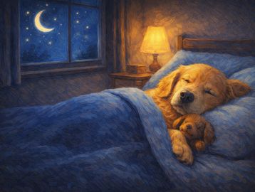 Golden retriever dog sleeping in bed under blue covers, hugging a teddy bear.