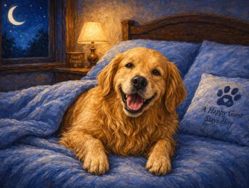 Golden retriever happily lying on a cozy bed at night.