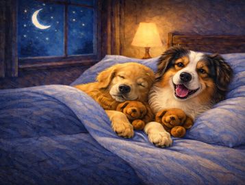 Two dogs cuddling in bed at night with teddy bears under a starry sky.