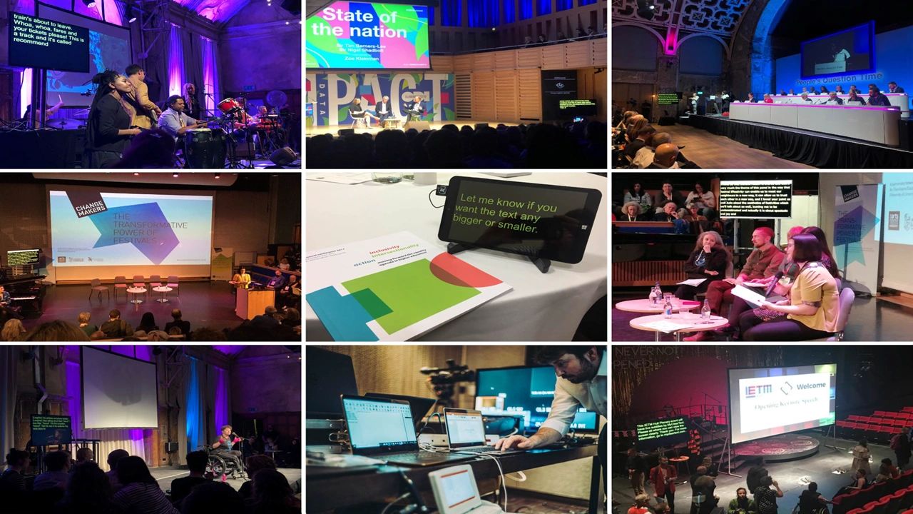 Montage of 9 accessible events with live captioning, a disabled speaker, a panel event AV production