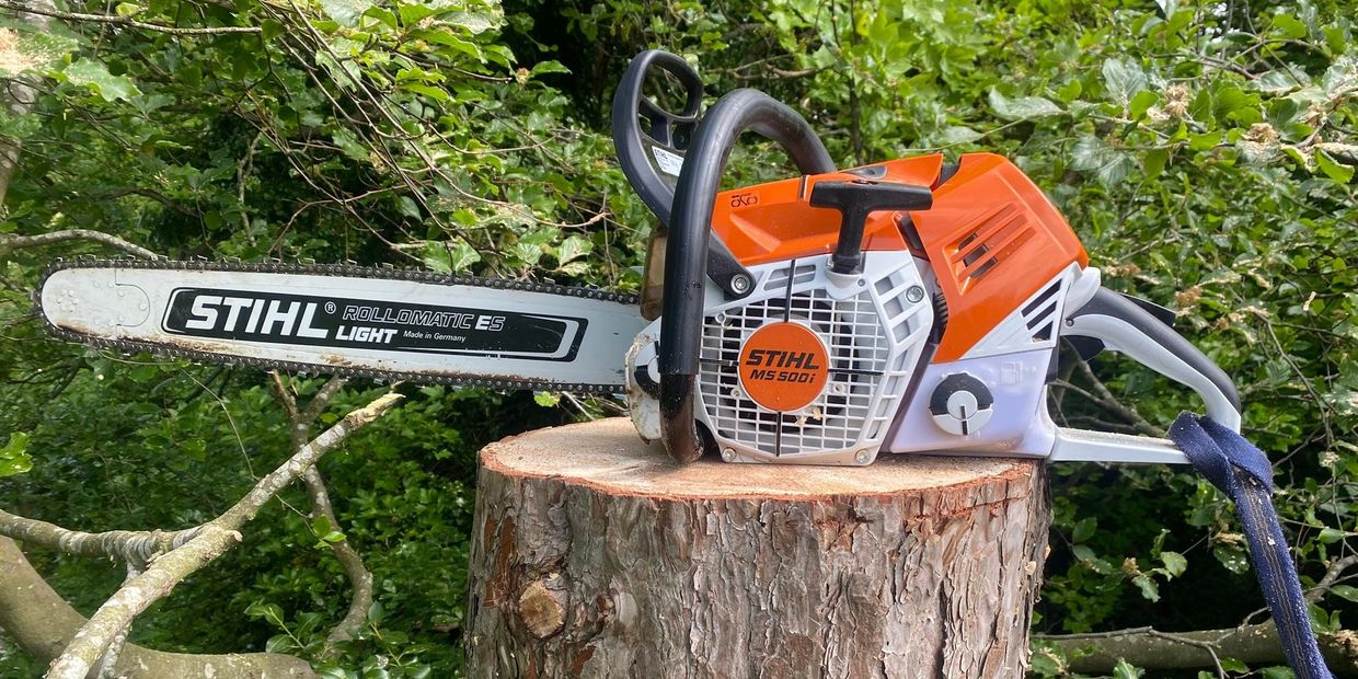A Stihl chainsaw on a tree stump.
