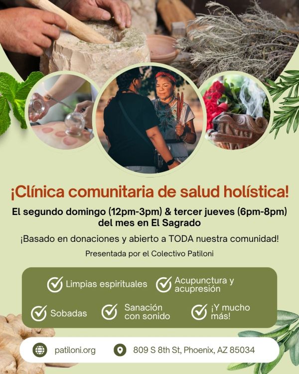 Flyer promoting a holistic community health clinic with various therapies in Phoenix, AZ.