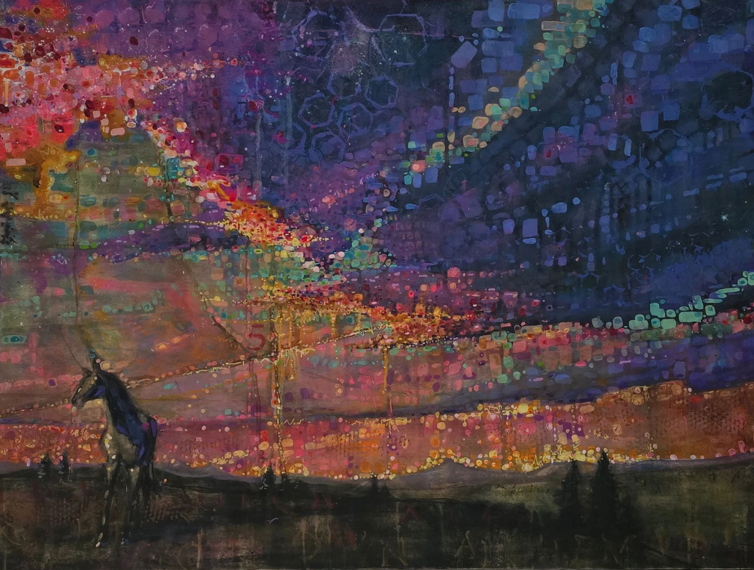 Abstract painting with a horse silhouette and vibrant colorful patterns.