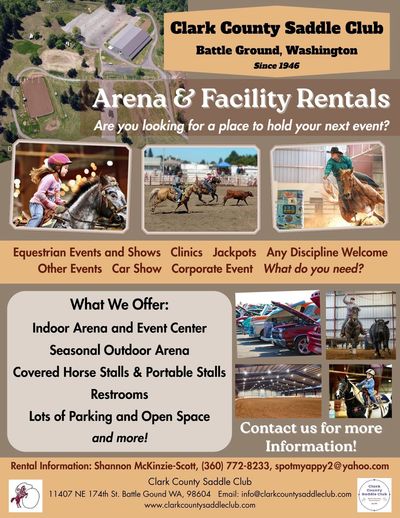 Clark County Saddle Club offers arena and facility rentals for equestrian and other events.