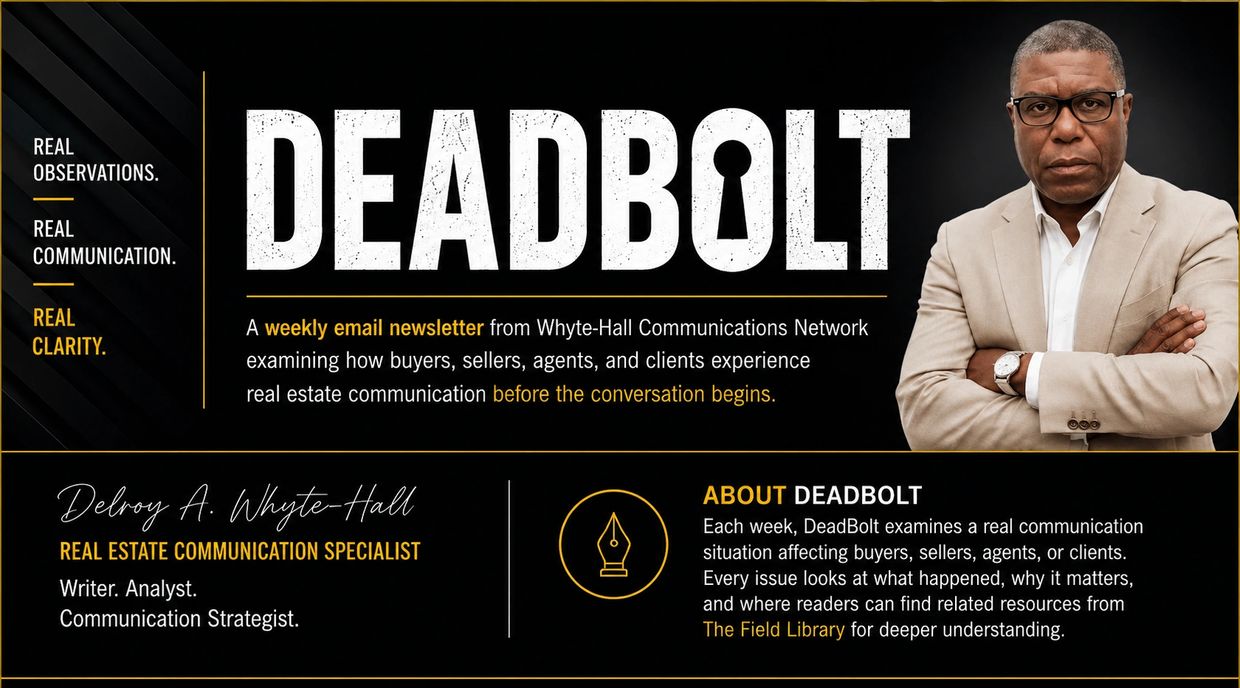 Promotional image for DeadBolt, a real estate communication newsletter by Delroy A. Whyte-Hall.