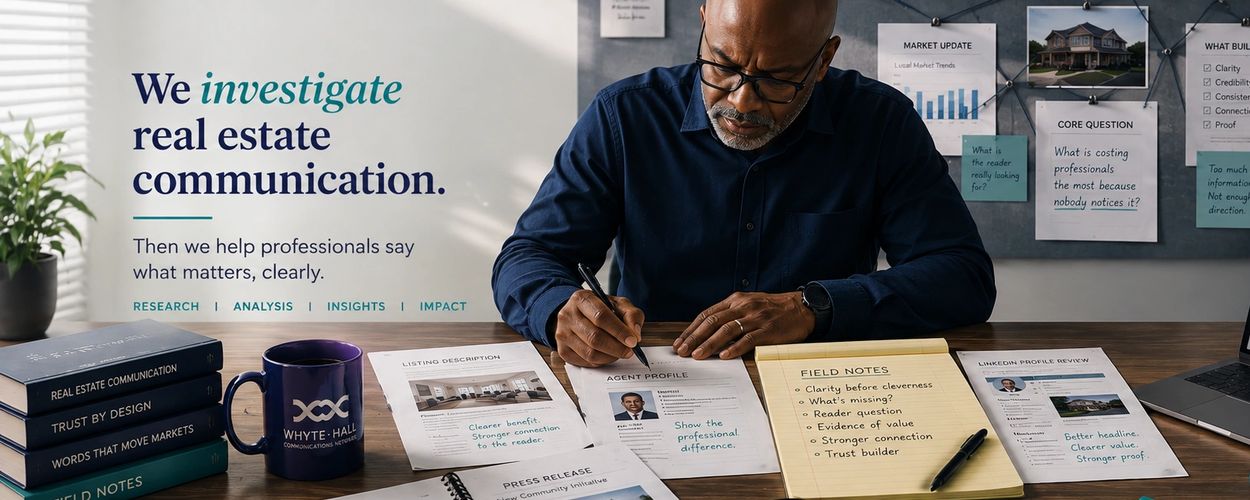 Real estate communication professional reviewing listings and profiles.