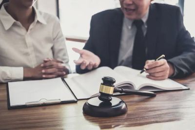 Two professionals discussing law with gavel in foreground.