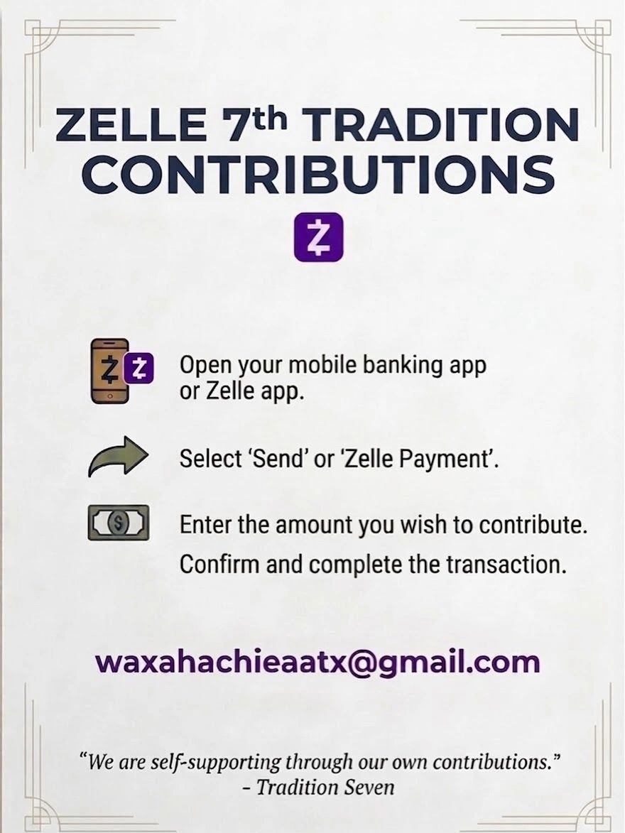 Instructions for Zelle 7th Tradition contributions with an email provided.