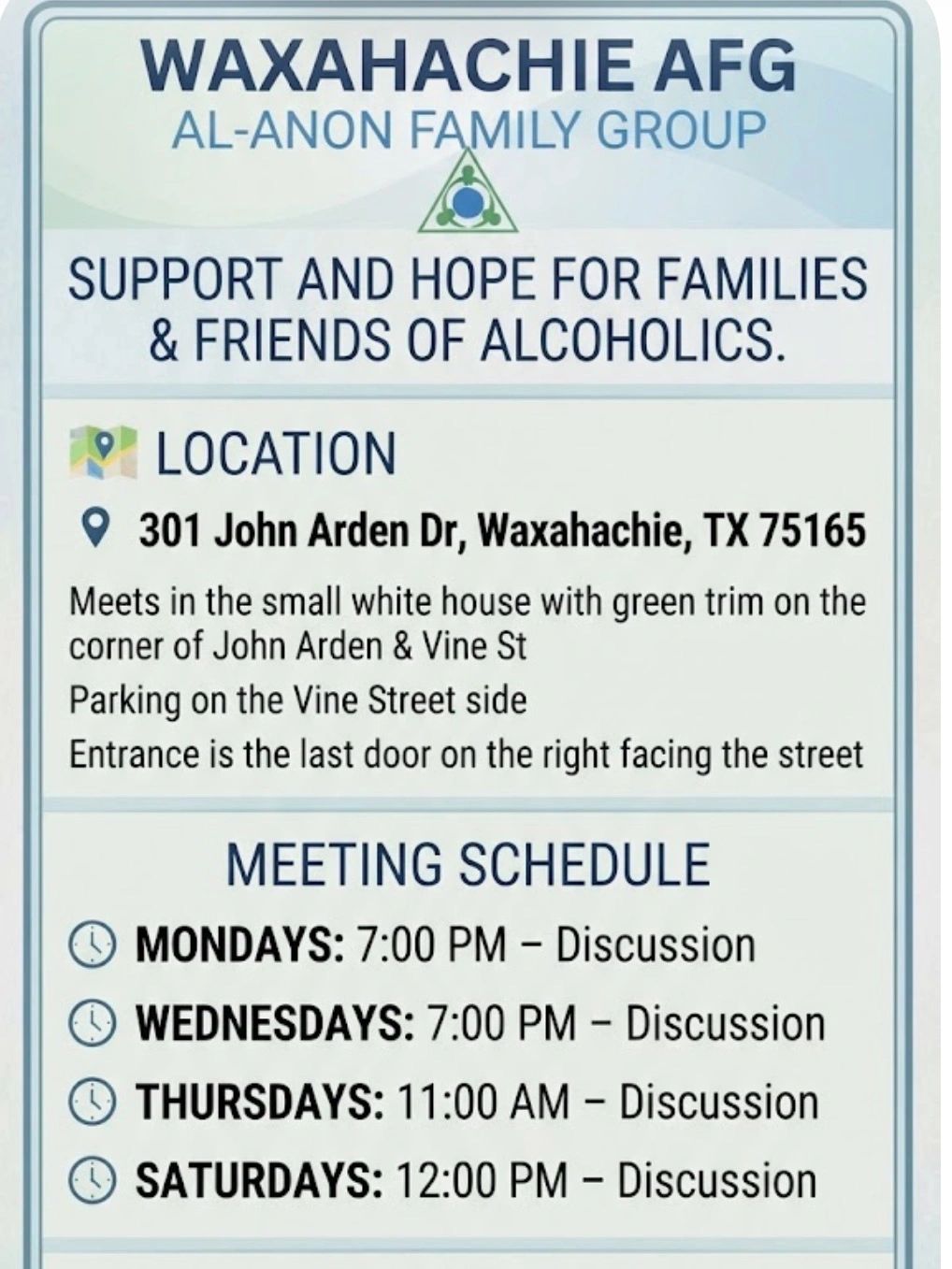 Waxahachie Al-Anon Family Group meeting info and schedule.