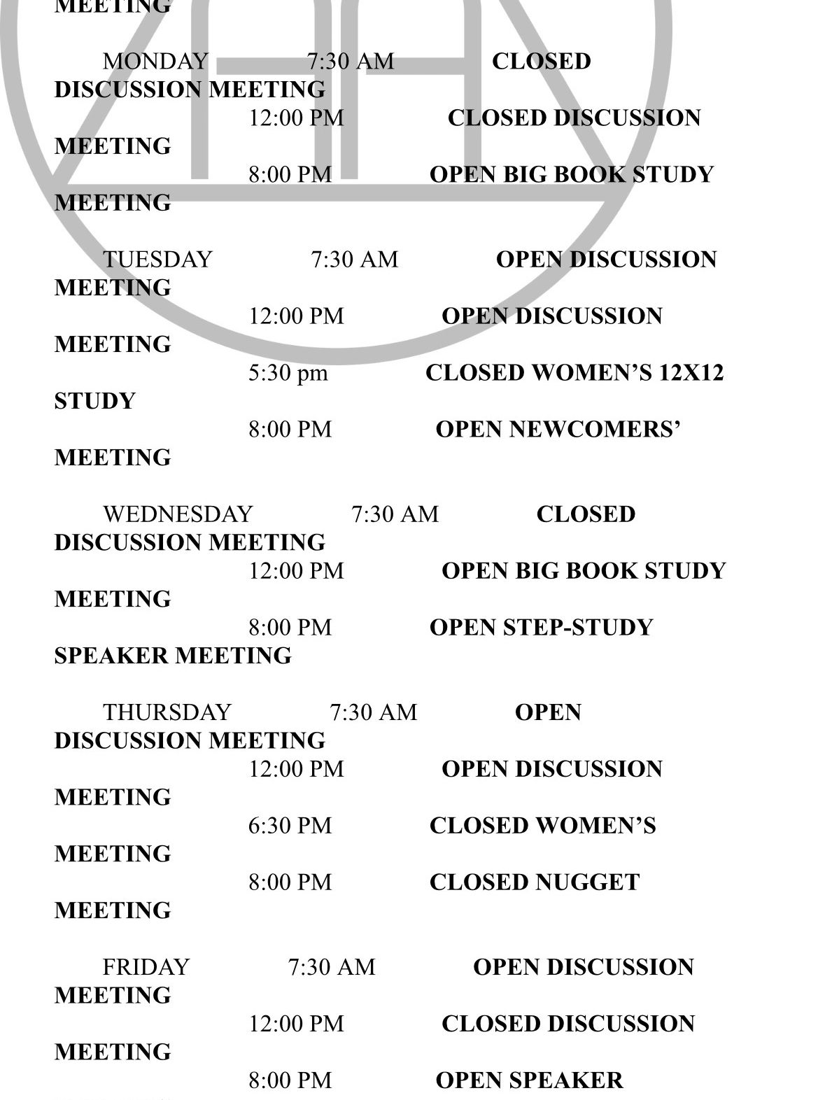Weekly meeting schedule with times and types of meetings.