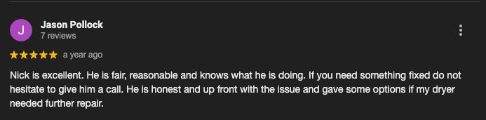 Positive review praising Nick's honesty and expertise in repair advice.