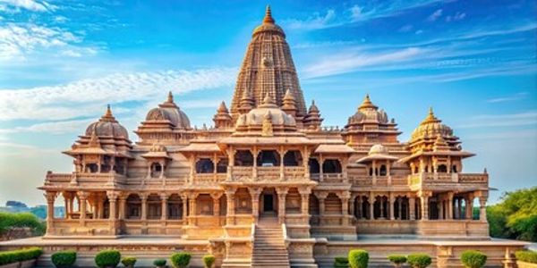 Ancient intricately carved temple under a bright blue sky.