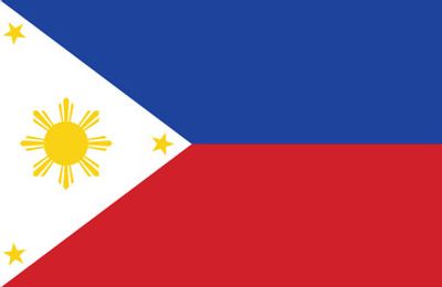Flag of the Philippines with a sun and stars on a white triangle, blue and red bands.