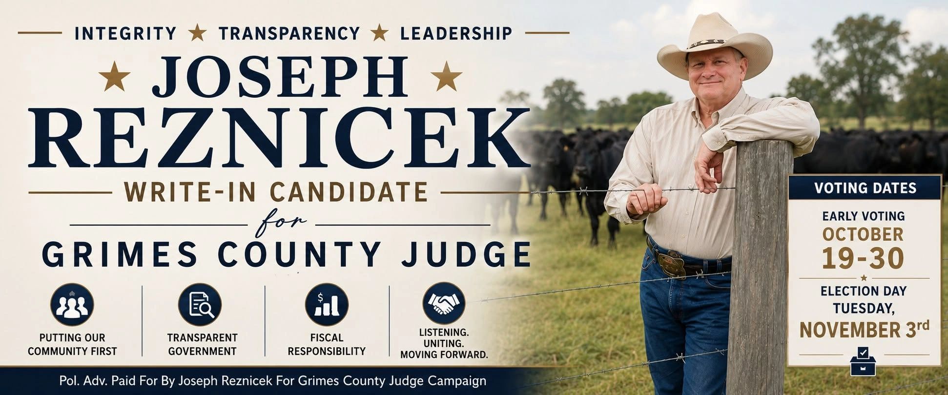 Joseph Reznicek campaign for Grimes County Judge with voting dates.