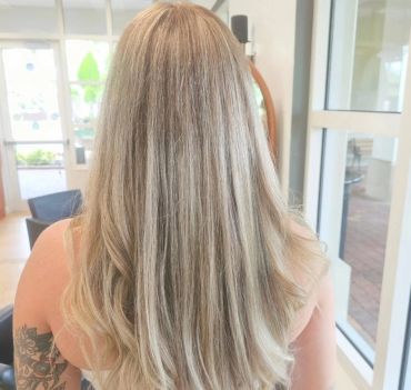 Long blonde hair from the back with soft curls.