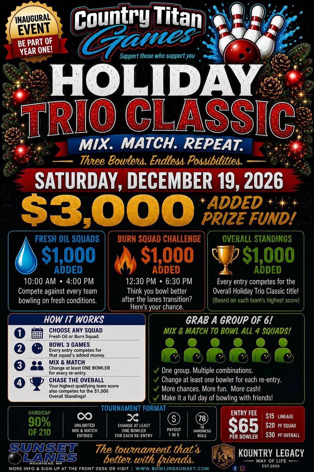 Bowling event poster for the Holiday Trio Classic on December 19, 2026.