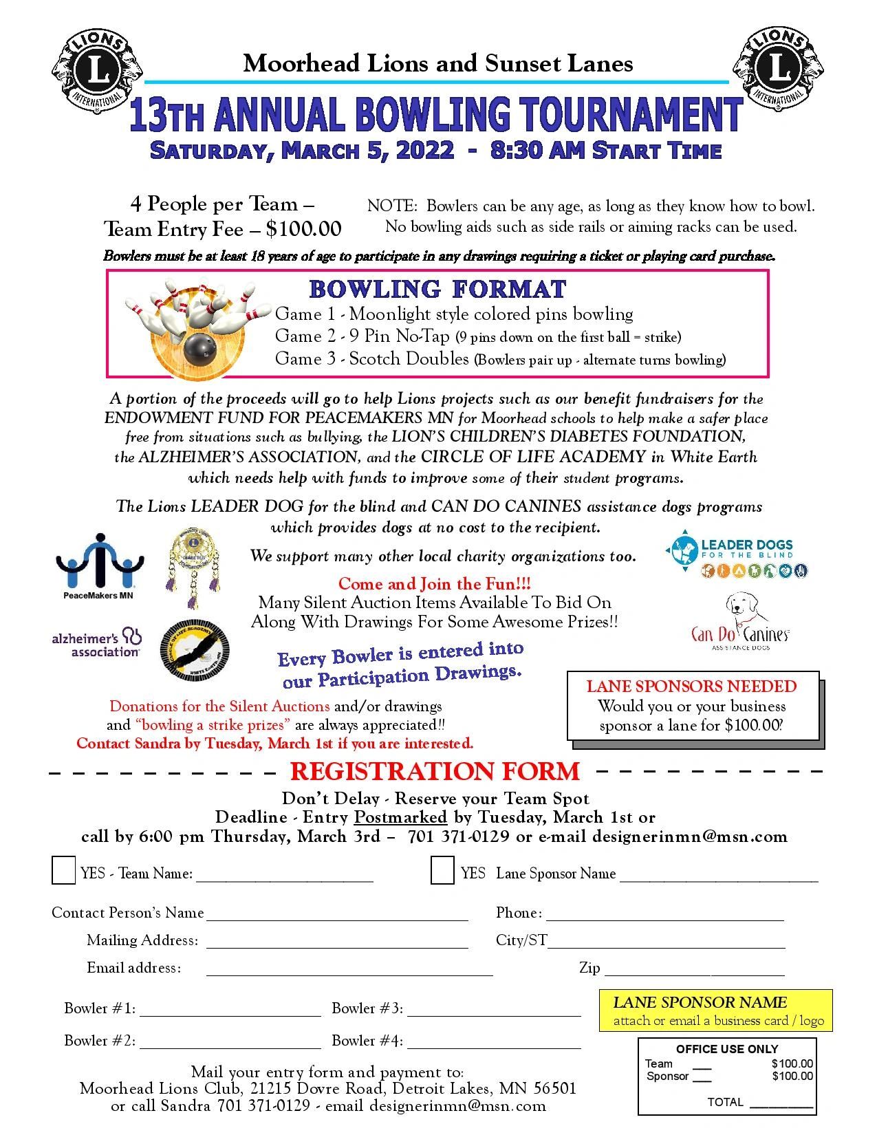 13th Annual Moorhead Lions Bowling Tournament