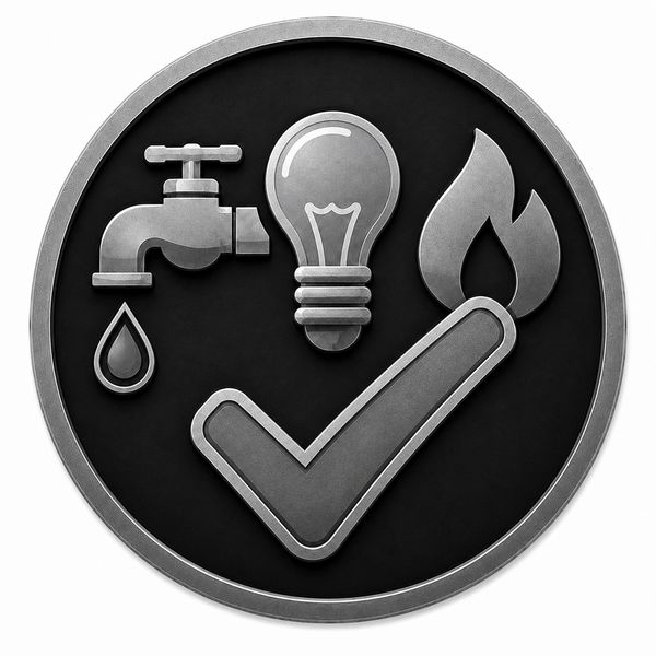 Metal icons of a water tap, light bulb, flame, and checkmark in a circle.