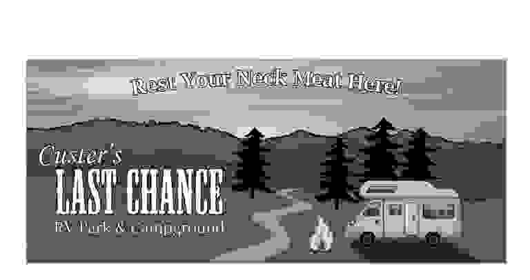 Custer's Last Chance RV Park & Campground wilderness mountain sunset with RV camper and campfire