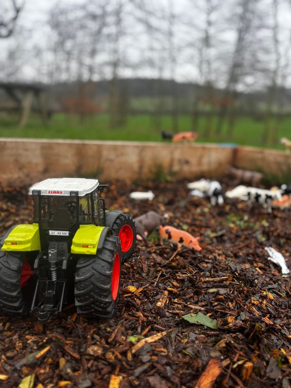 Toy tractor and miniature farm animals in a garden bed.