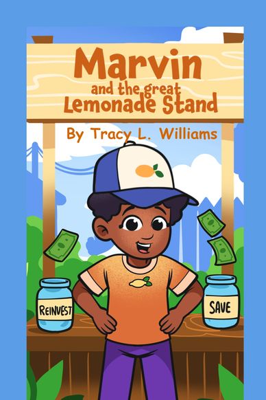 Young Marvin is standing in front of his lemonade stand looking at the reader. two jars on the lemon