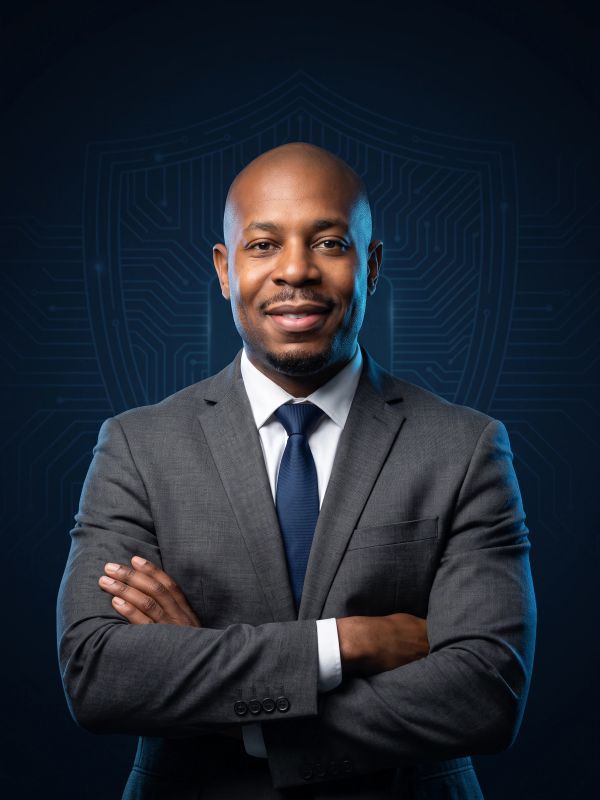 Confident businessman in a suit with arms crossed.