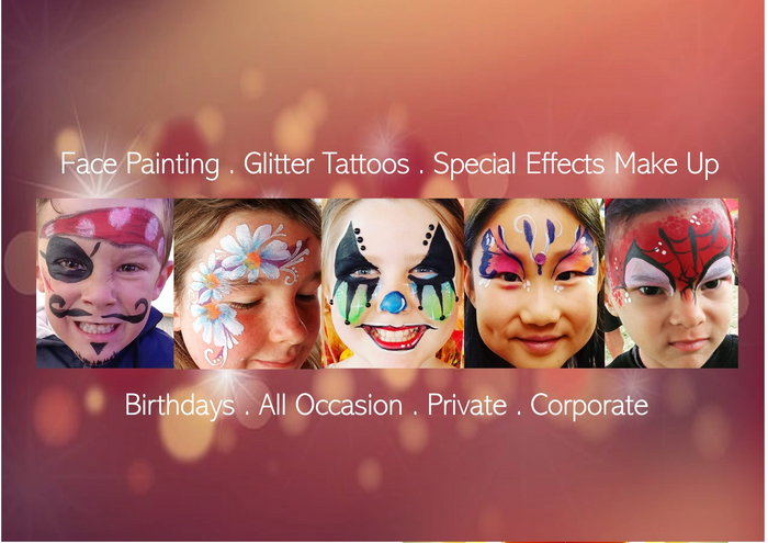 5 children with painted faces of a pirate, a clown, a butterfly, flowers and Spidey