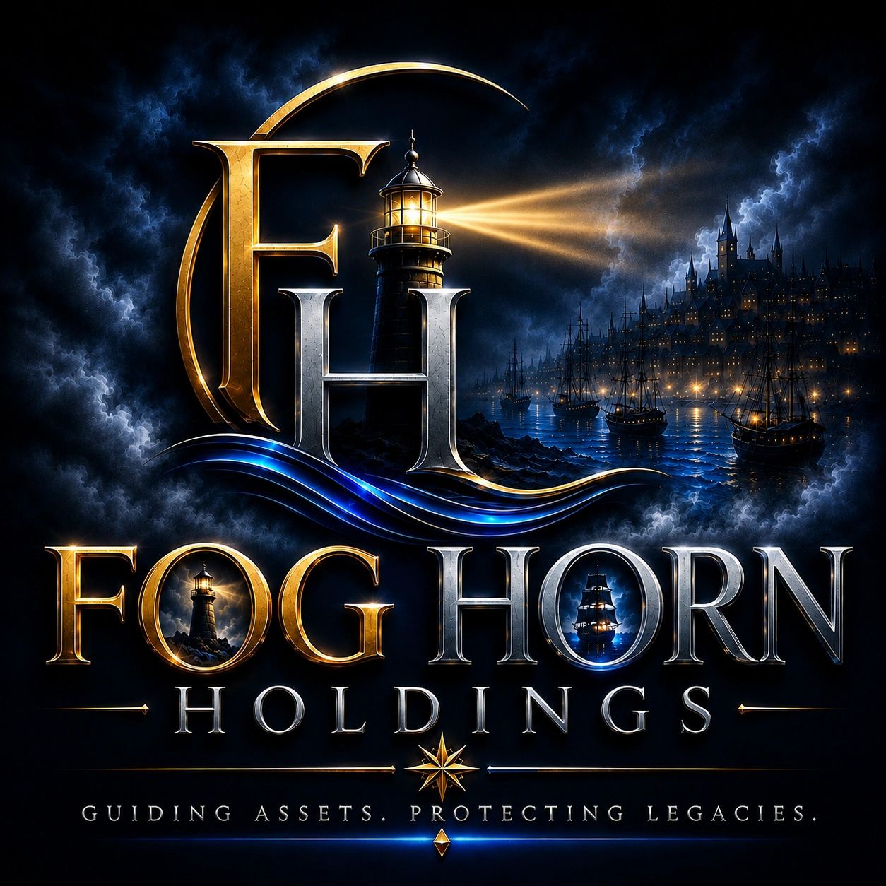 Illuminated lighthouse logo with ships and a dark cityscape for Fog Horn Holdings.