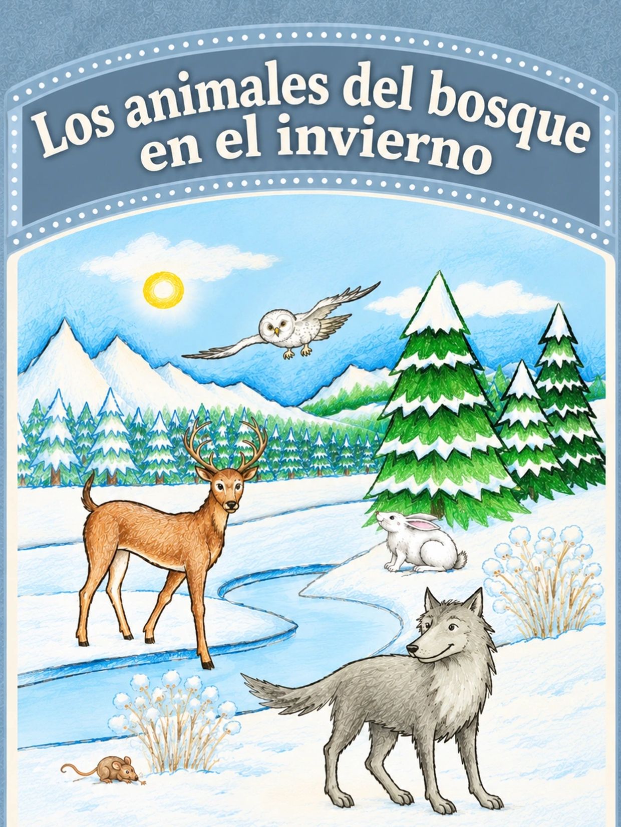 Animales del bosque en invierno ilustrados en un paisaje nevado.