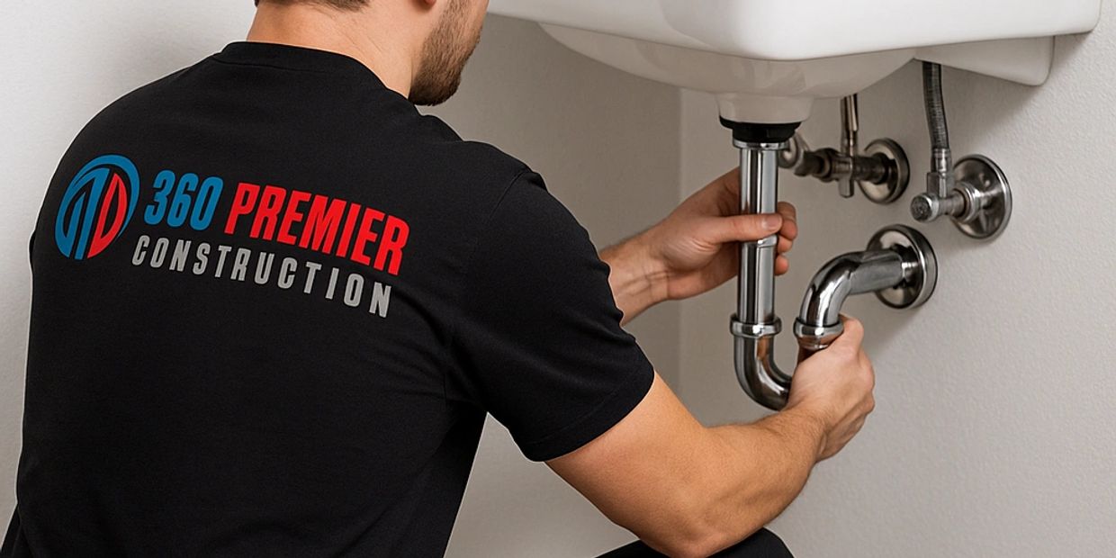 A 360 Premier Construction technician repairing plumbing under a commercial sink.
