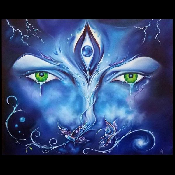 Surreal blue face with green eyes and third eye in abstract art.
