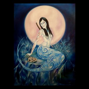 A mermaid with tattoos under a full moon, holding a skull.