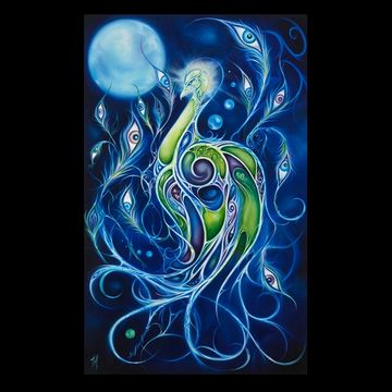 Abstract peacock with vibrant colors under a glowing moon.