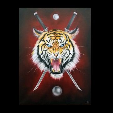 Roaring tiger head with two crossed swords and orbs.