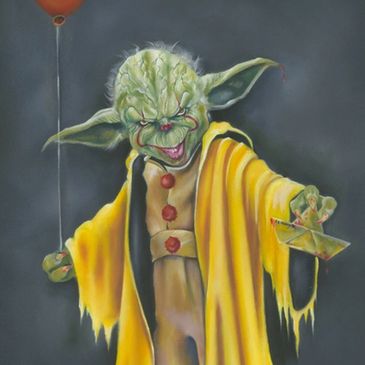 Yoda dressed as a scary clown holding a balloon and paper boat.
