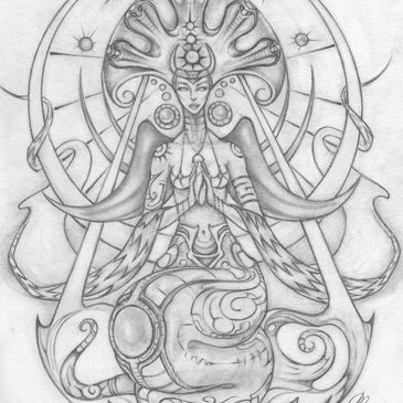 Intricate mystical figure with elaborate headpiece in a meditative pose.