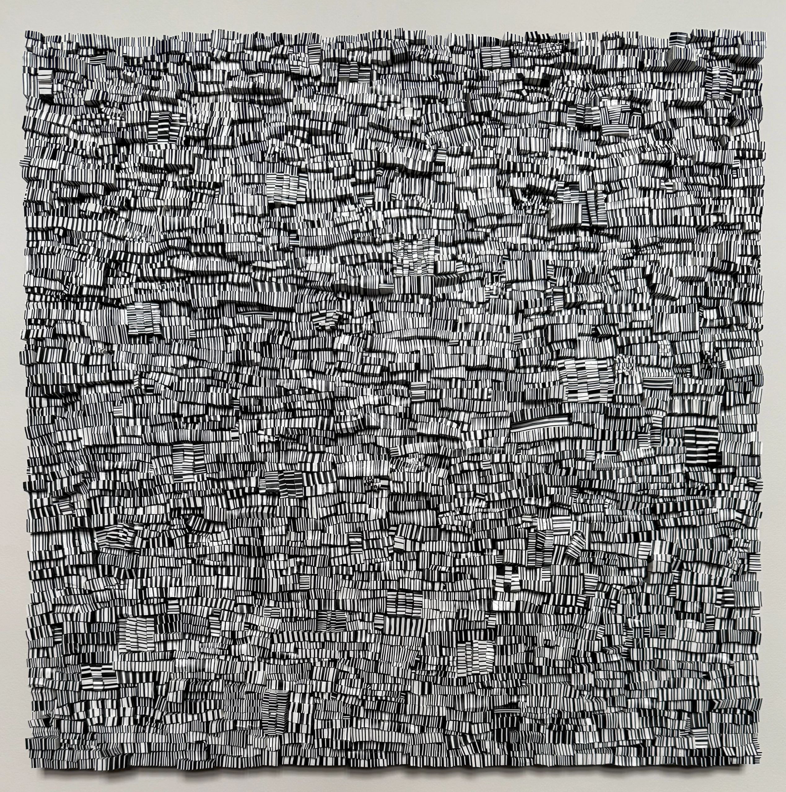 Abstract black and white 3D striped pattern artwork on a wall.